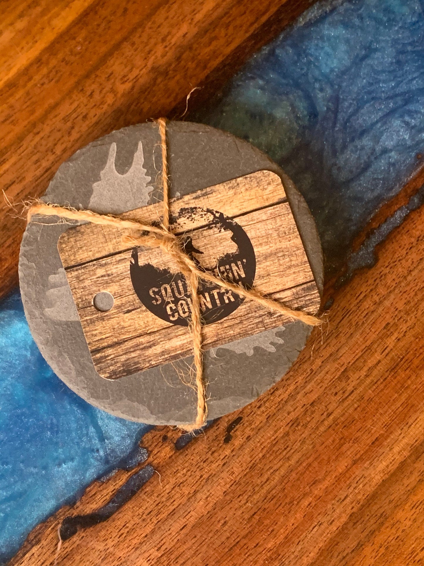 Squatchin' Country slate Bigfoot round drink coasters (set of 4) with rustic pine holder