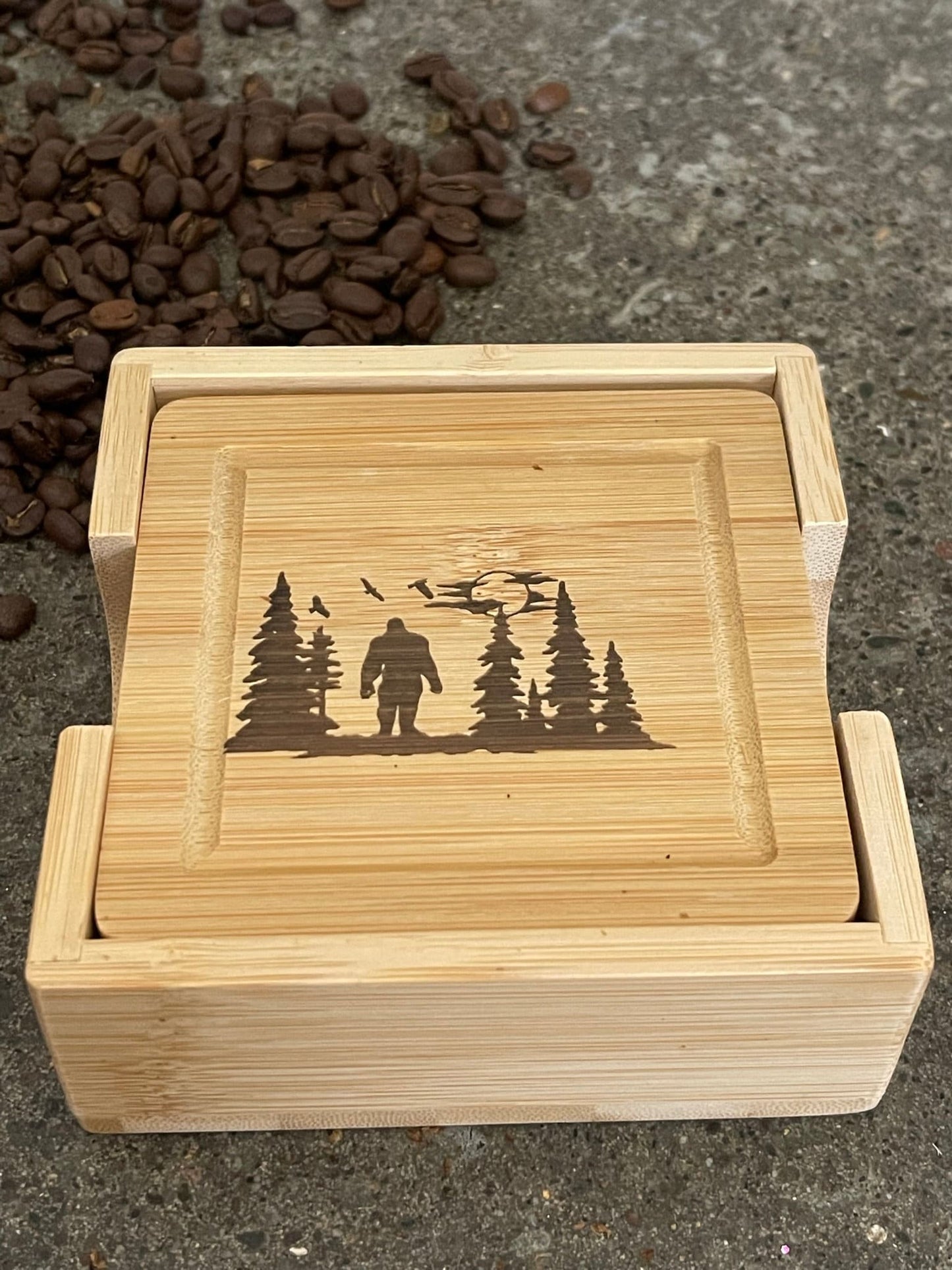 Ecofriendly Bamboo Bigfoot drink coasters and holder