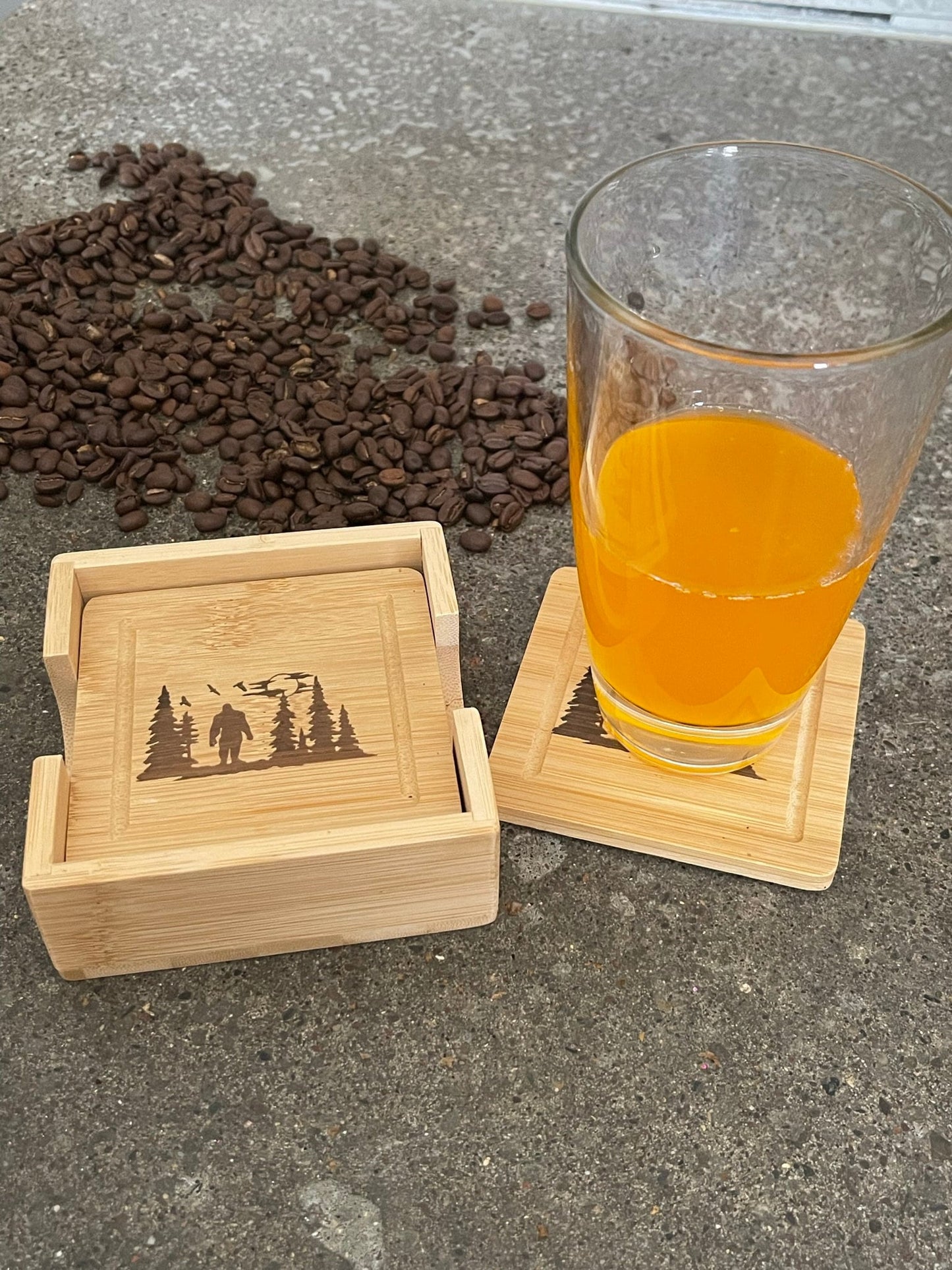 Ecofriendly Bamboo Bigfoot drink coasters and holder