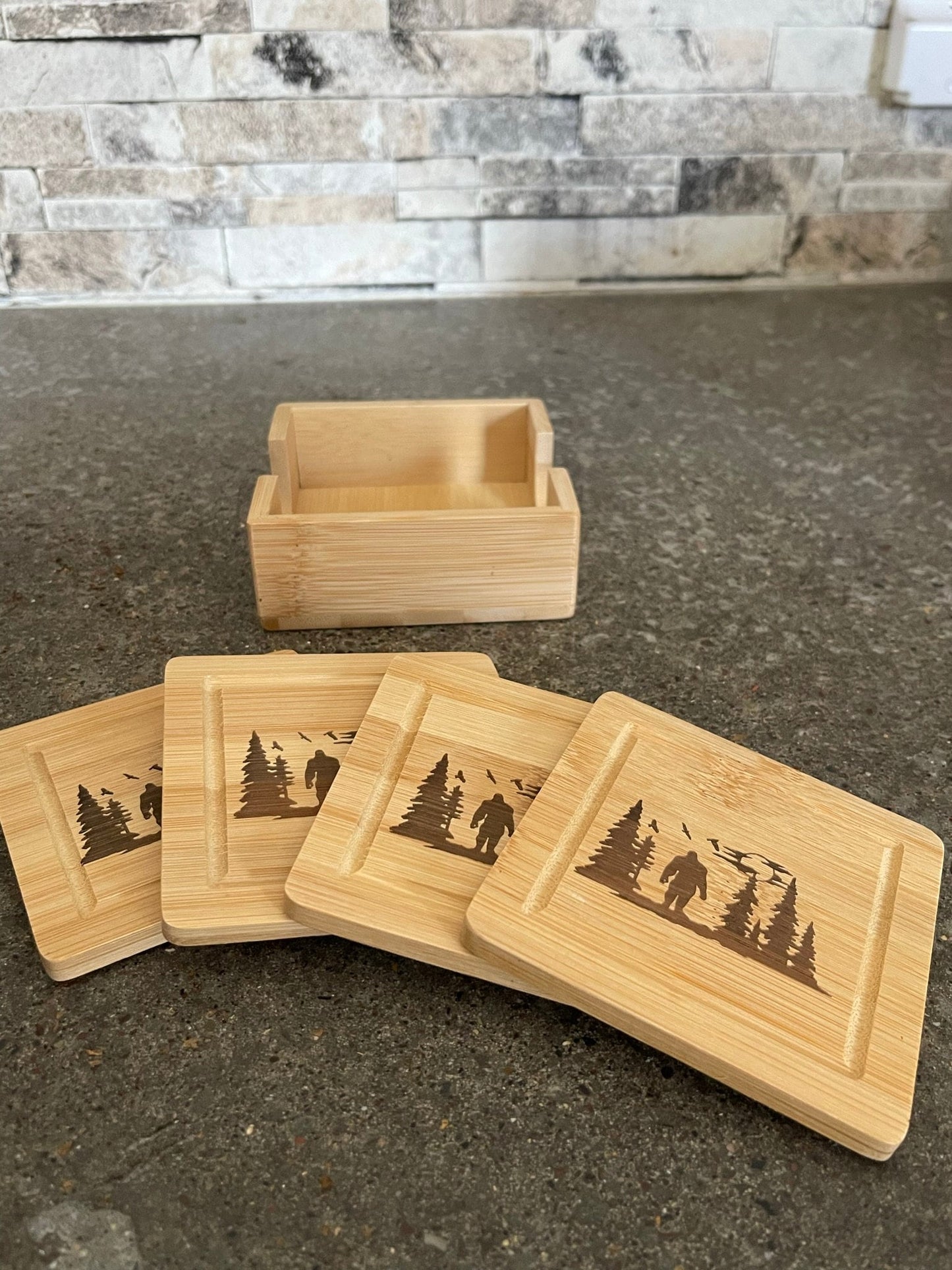 Ecofriendly Bamboo Bigfoot drink coasters and holder