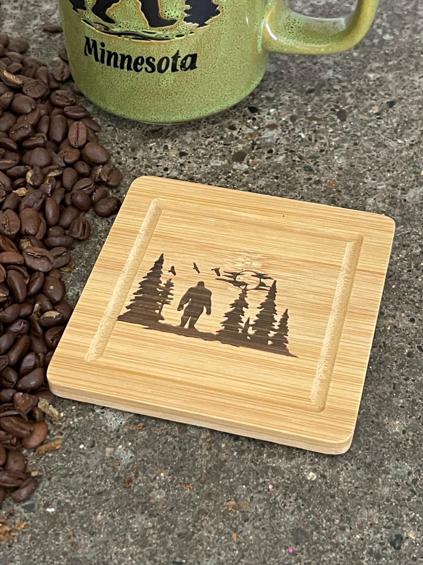 Ecofriendly Bamboo Bigfoot drink coasters and holder
