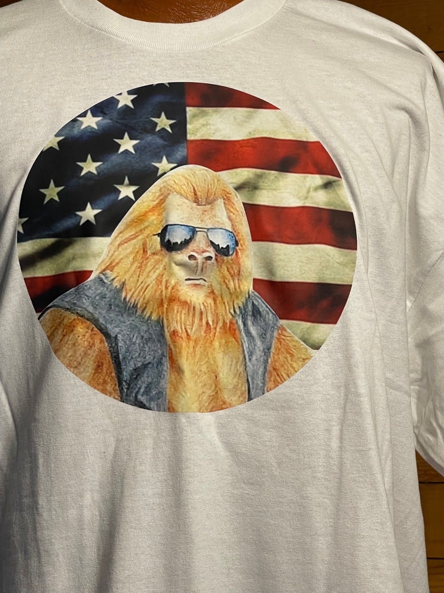 Bigfoot Badass Biker and American flag t-shirt (white)
