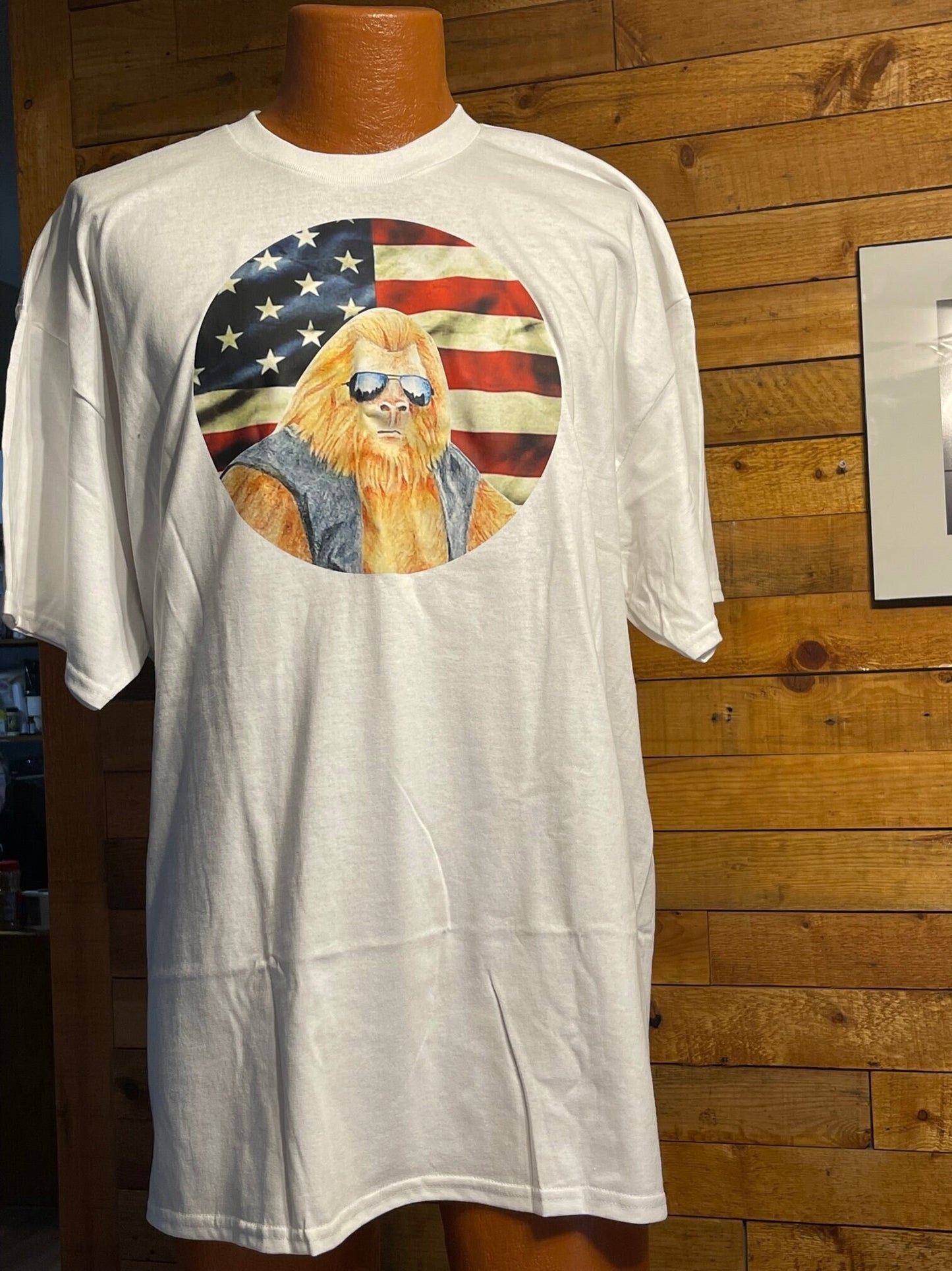 Bigfoot Badass Biker and American flag t-shirt (white)