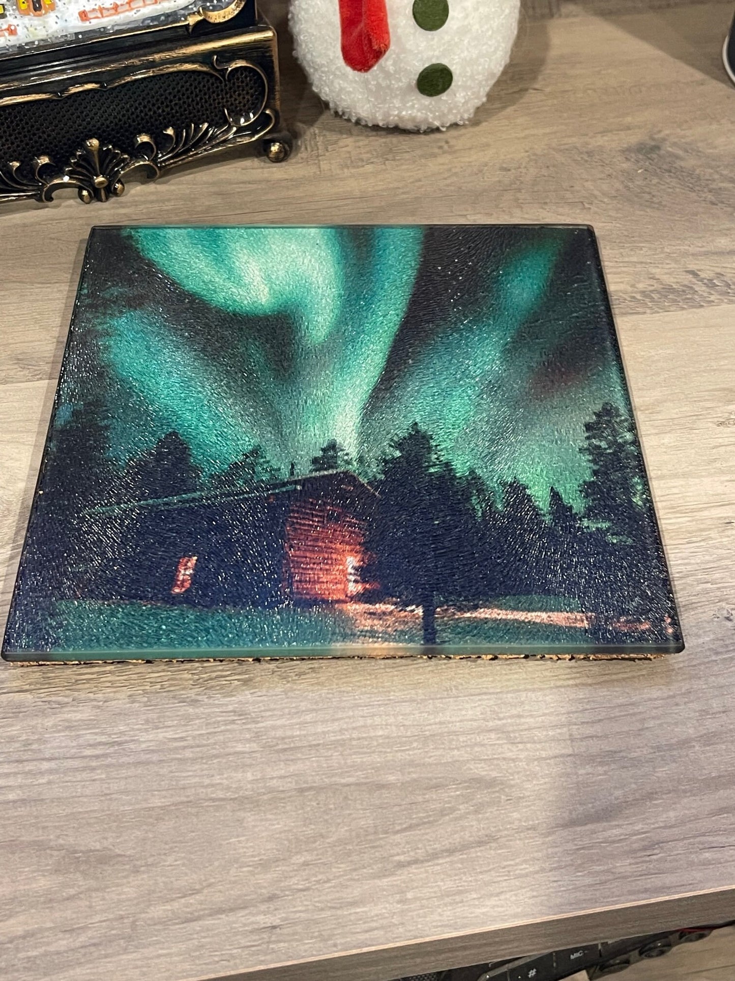 Designer glass cutting board Square - Bigfoot | Northern Lights | choose your design