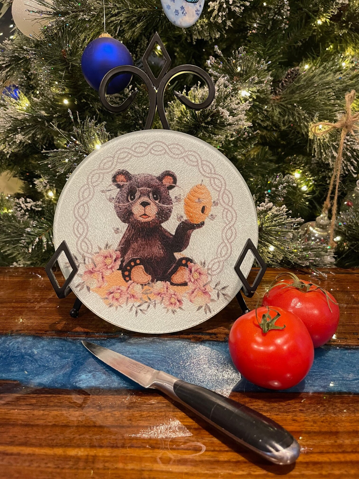 Bear & honey bees glass cutting board Square - designer | autumn | fall | decor | bee hive