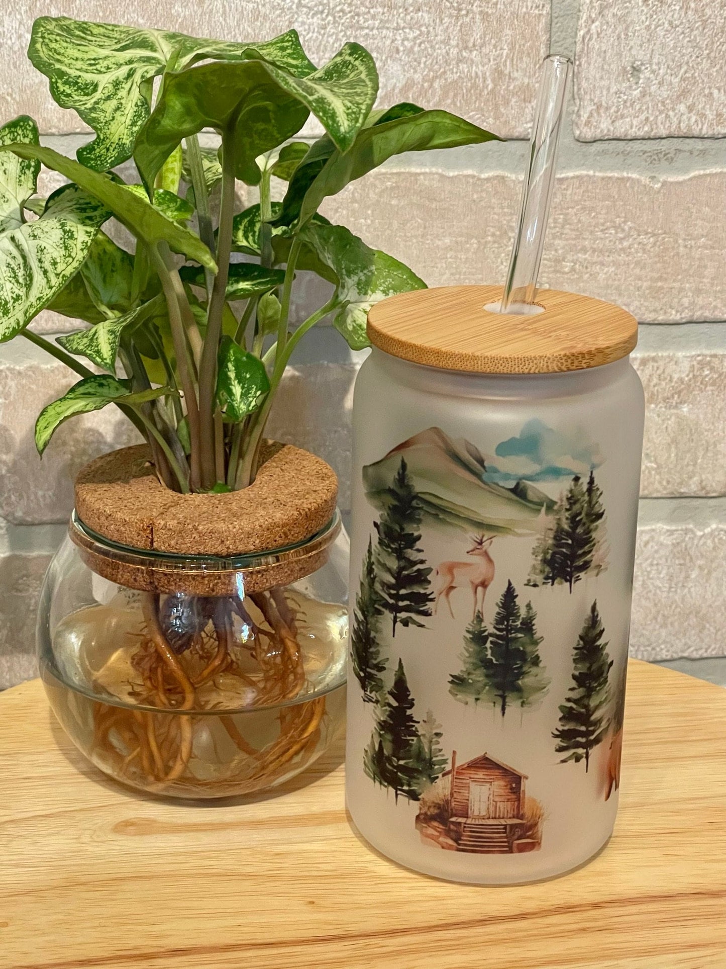 Bigfoot camping scene 16 ounce soda can glass with bamboo top and glass straw