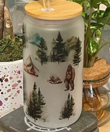 Bigfoot camping scene 16 ounce soda can glass with bamboo top and glass straw