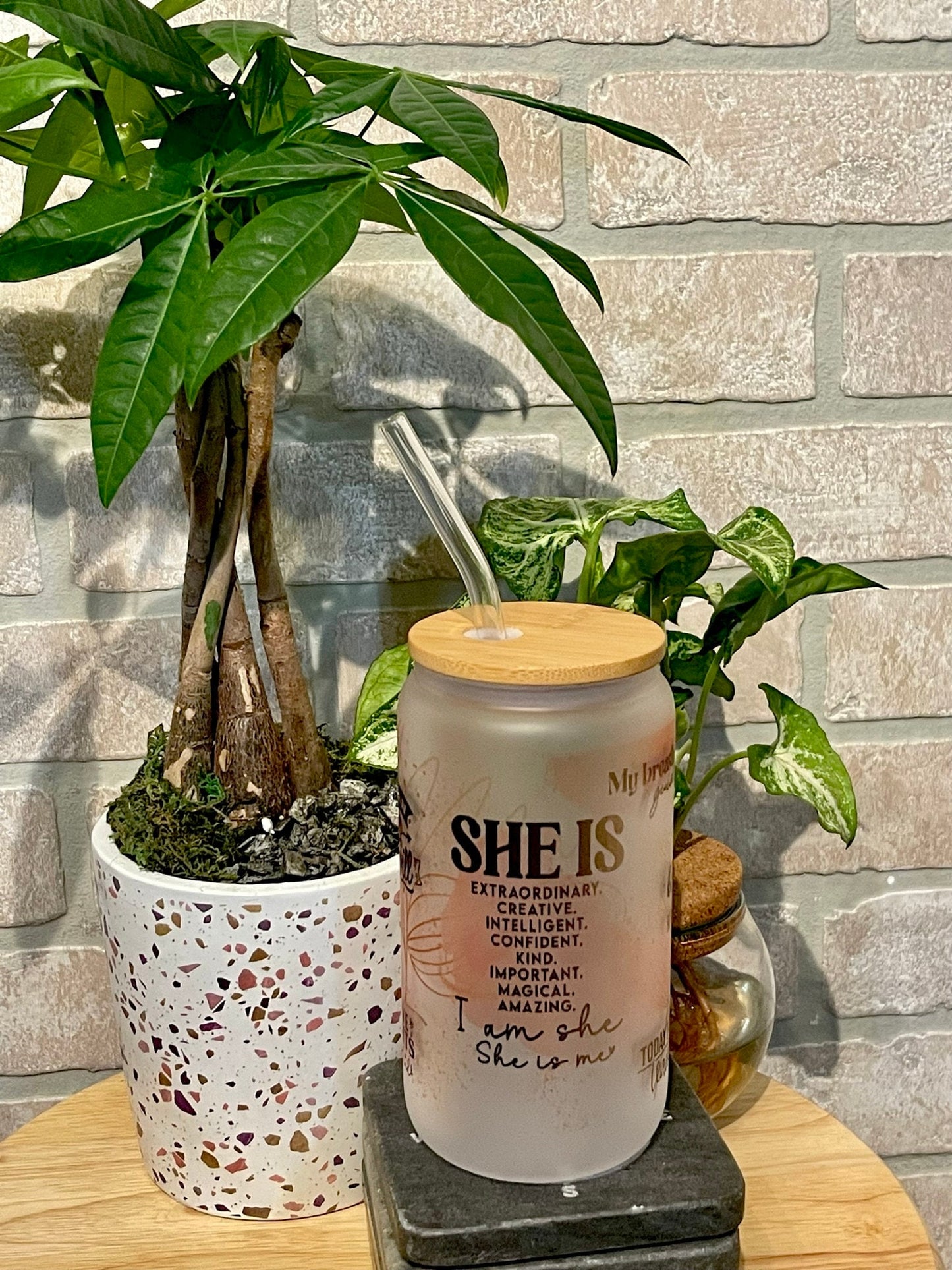 Women support and encouragement 16 ounce soda can glass with bamboo top and glass straw