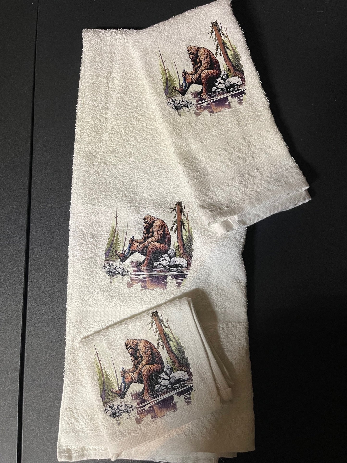 Bathing Bigfoot wash rag, hand towel, bath towel set - bathroom decor - WHITE Stsndard w/expedited shipping