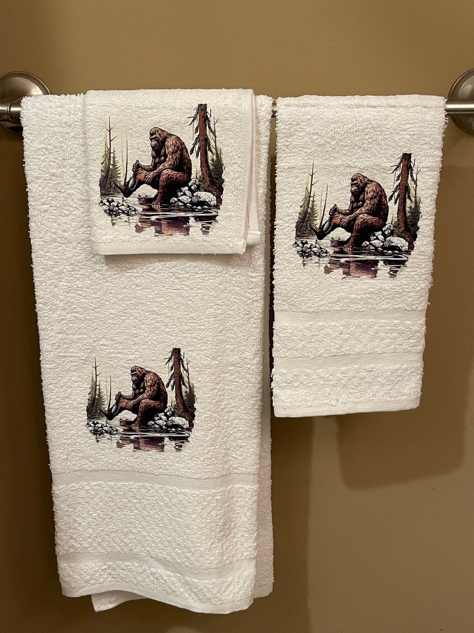 Bathing Bigfoot and rubber ducky wash rag, hand towel, bath towel set or  individual - bathroom decor