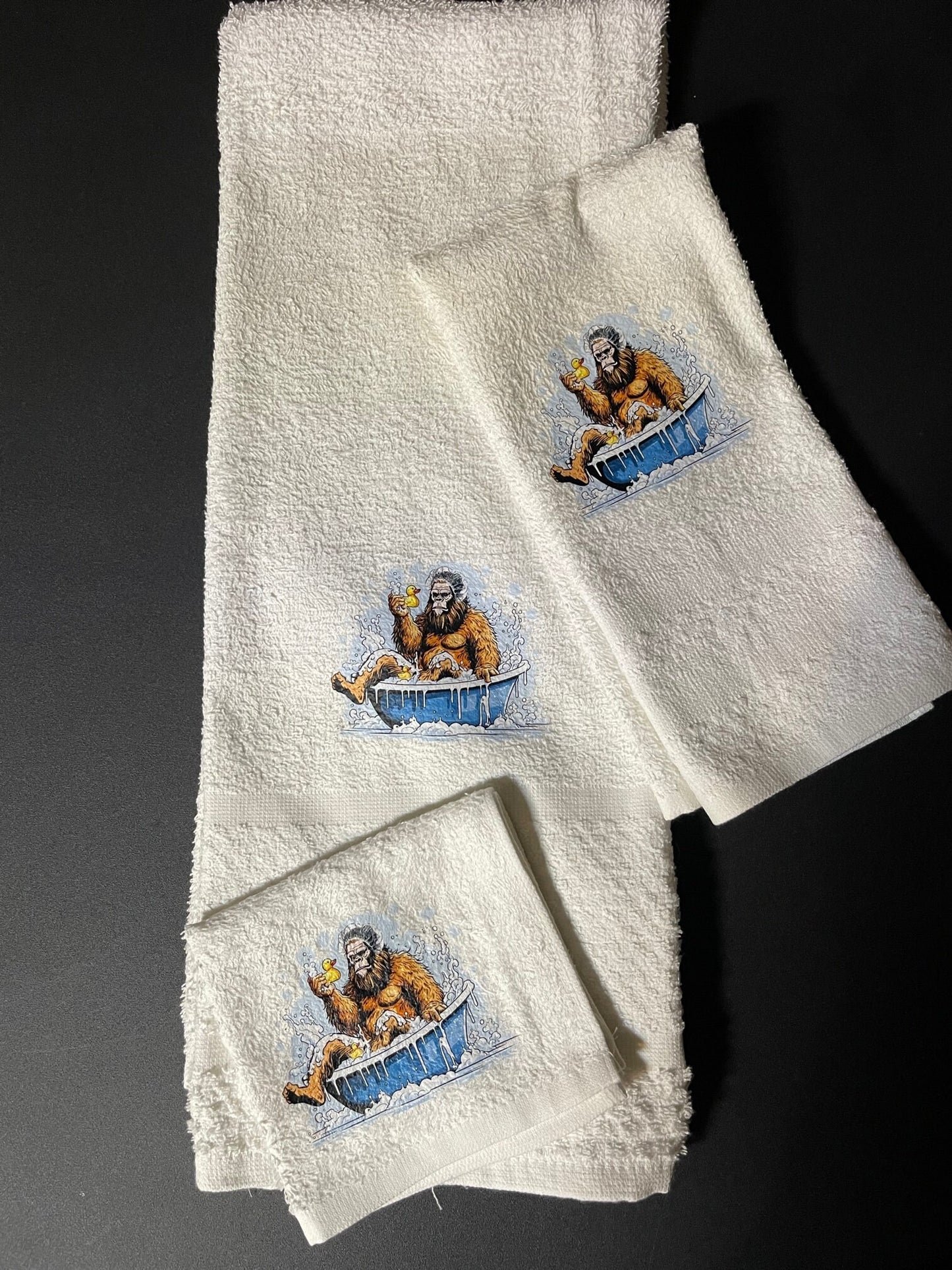 Bathing Bigfoot and rubber ducky wash rag, hand towel, bath towel set or individual - bathroom decor