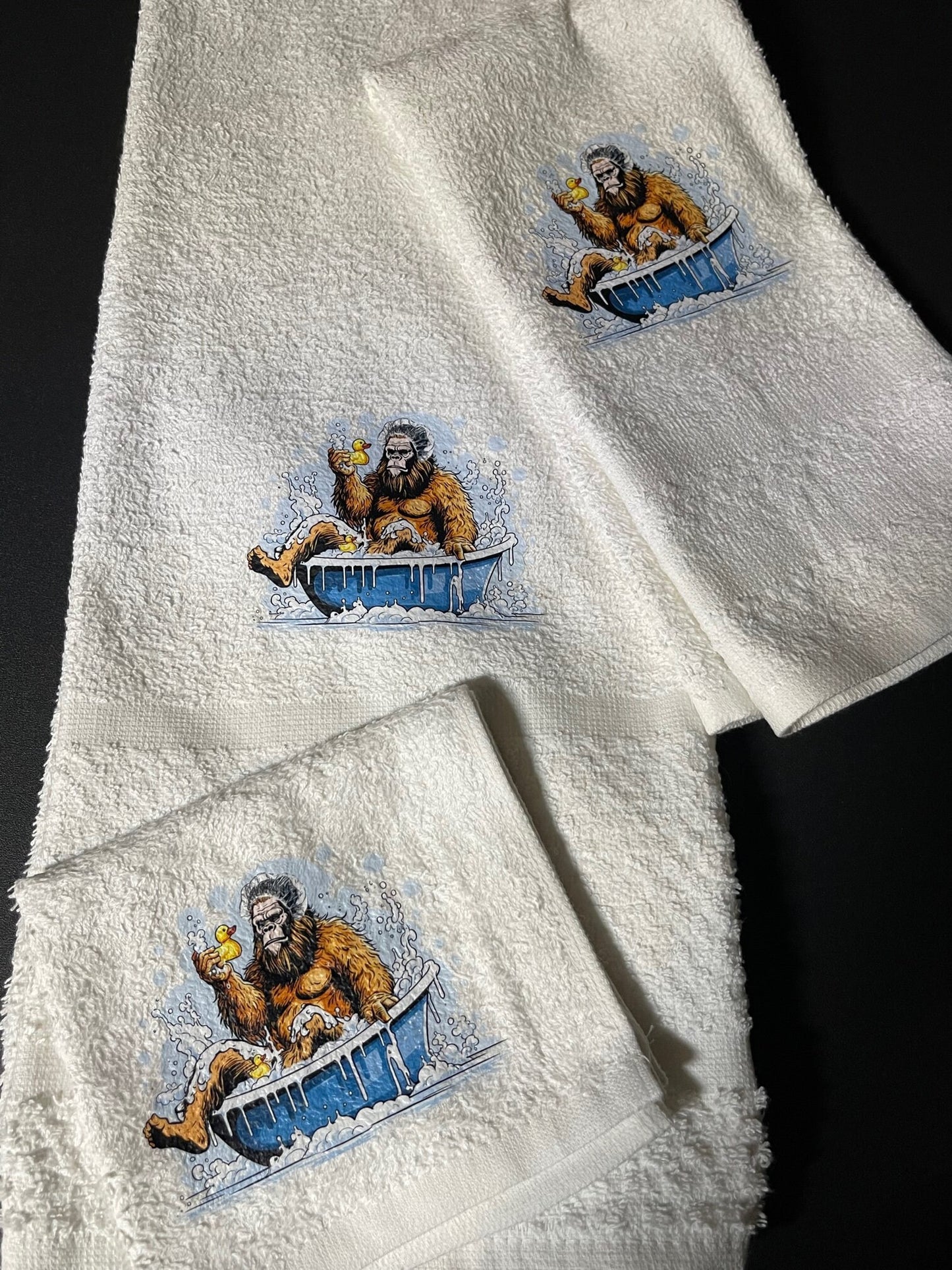 Bathing Bigfoot and rubber ducky wash rag, hand towel, bath towel set or individual - bathroom decor