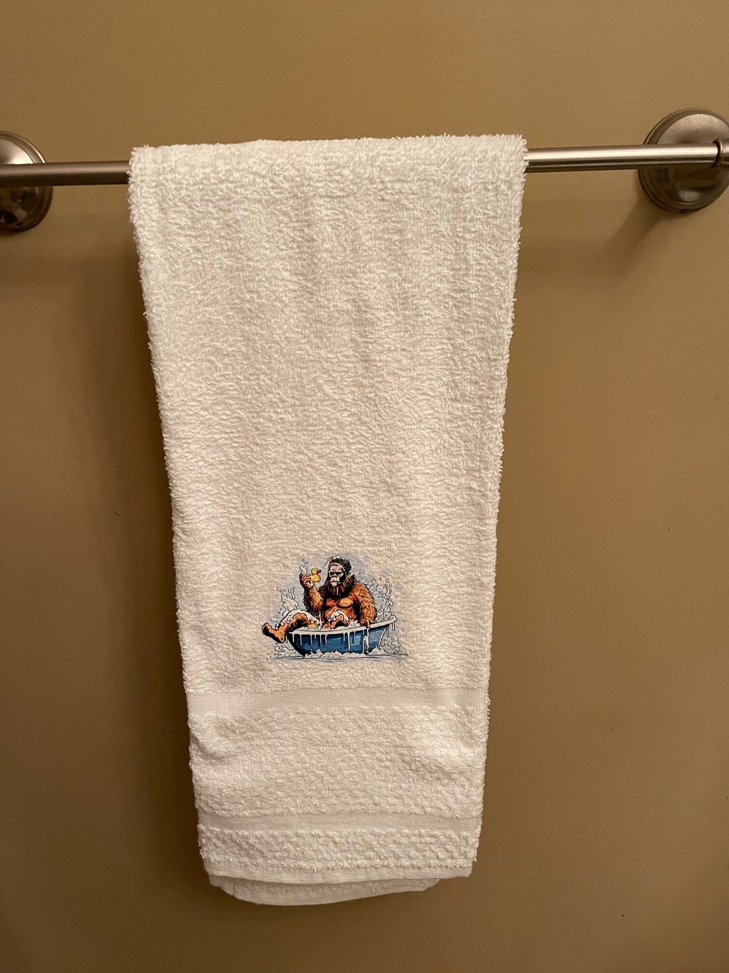 Bathing Bigfoot and rubber ducky wash rag, hand towel, bath towel set or individual - bathroom decor