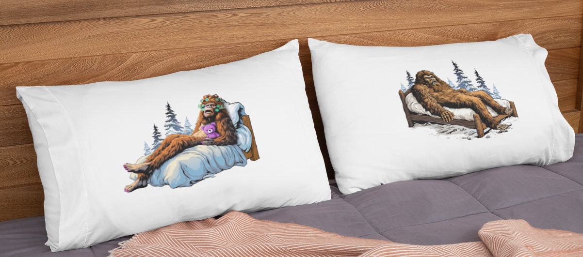 Funny sleeping Sasquatch pillow case - choose his, hers or pair of both