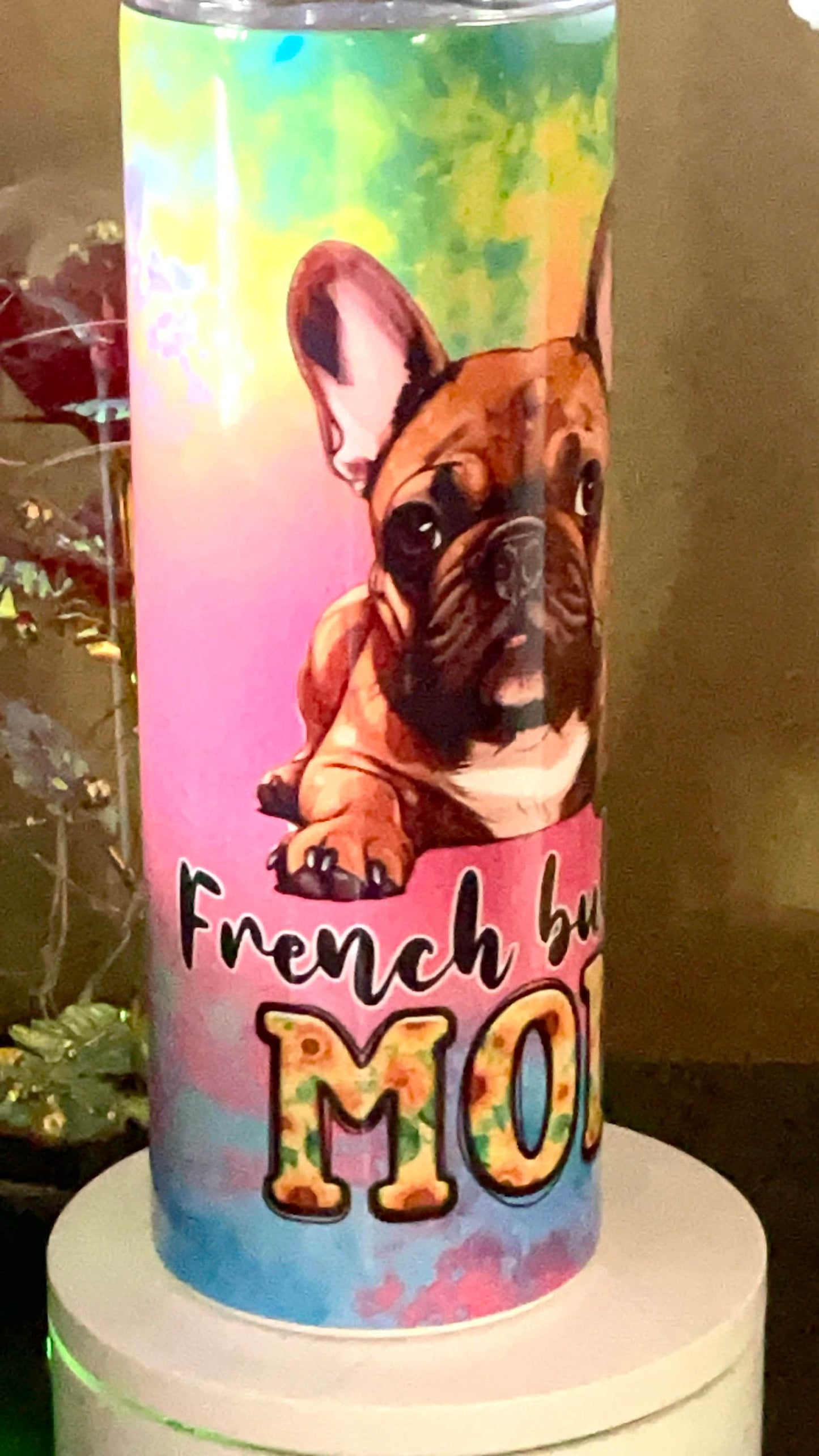French Bulldog Mom - Custom 20 oz tumbler with watercolor background - add your frenchie!