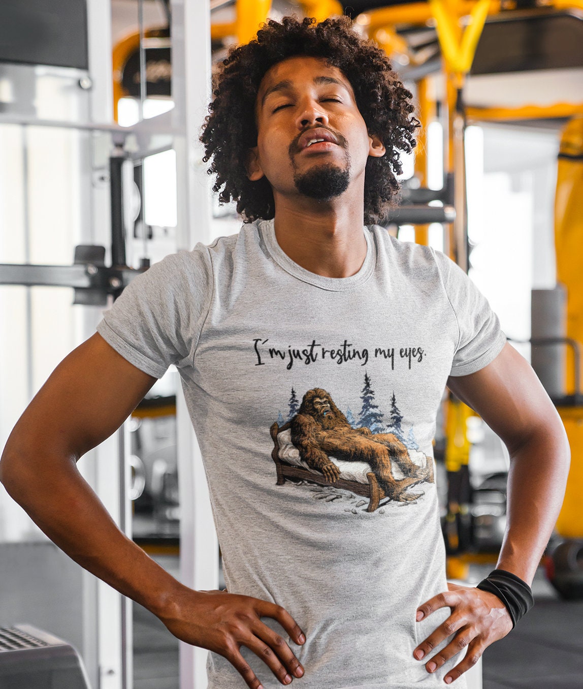Resting my eyes - sleeping Bigfoot grey t-shirt