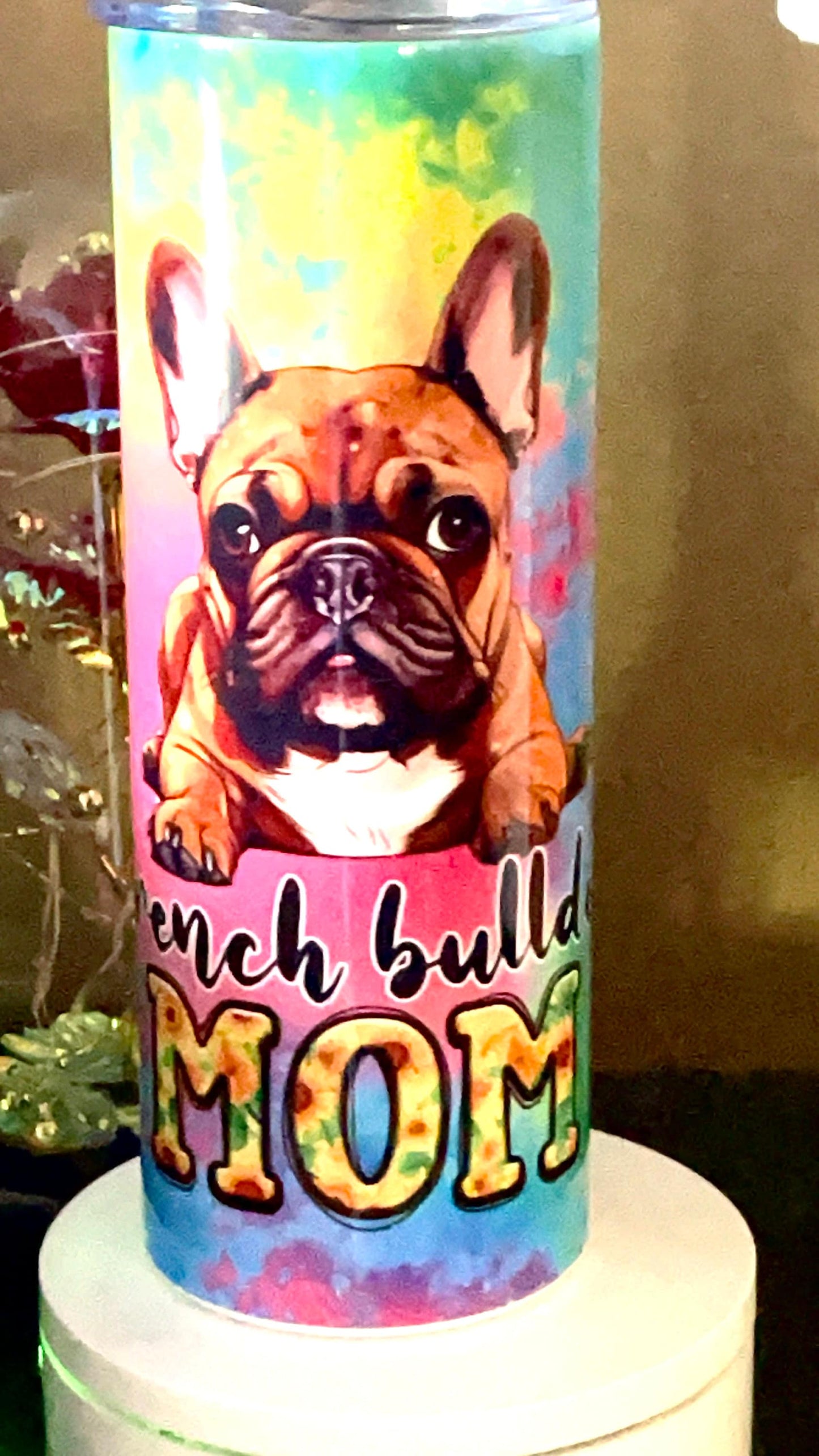 French Bulldog Mom - Custom 20 oz tumbler with watercolor background - add your frenchie!