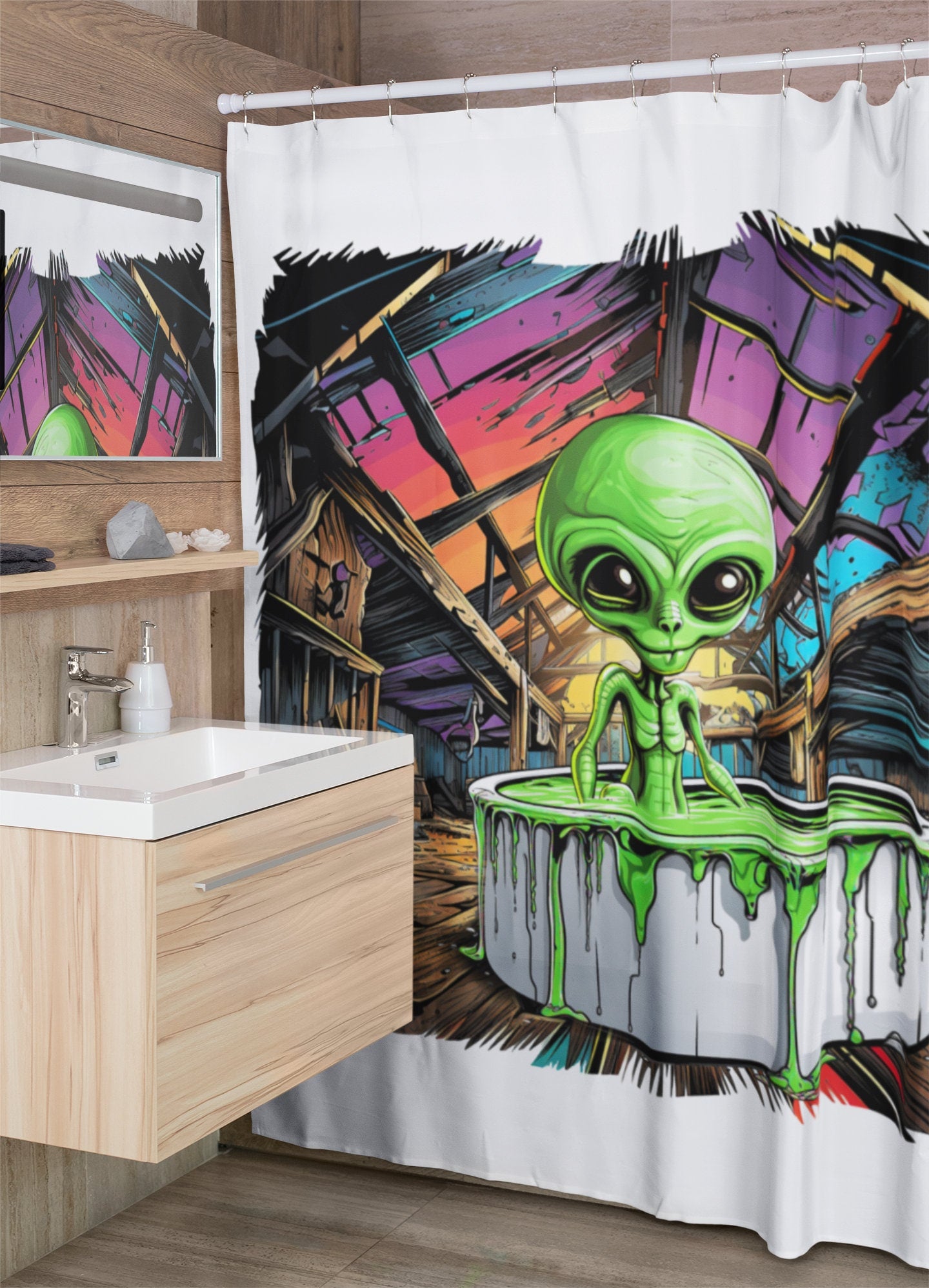 Alien shower curtain - bathing in an old barn