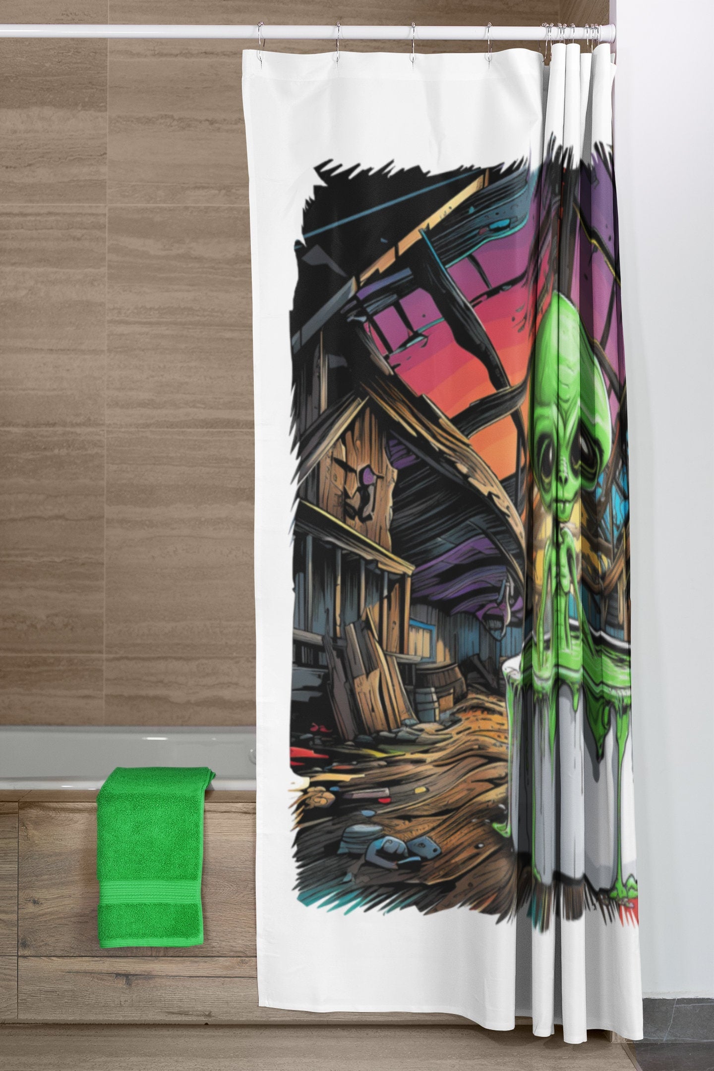 Alien shower curtain - bathing in an old barn