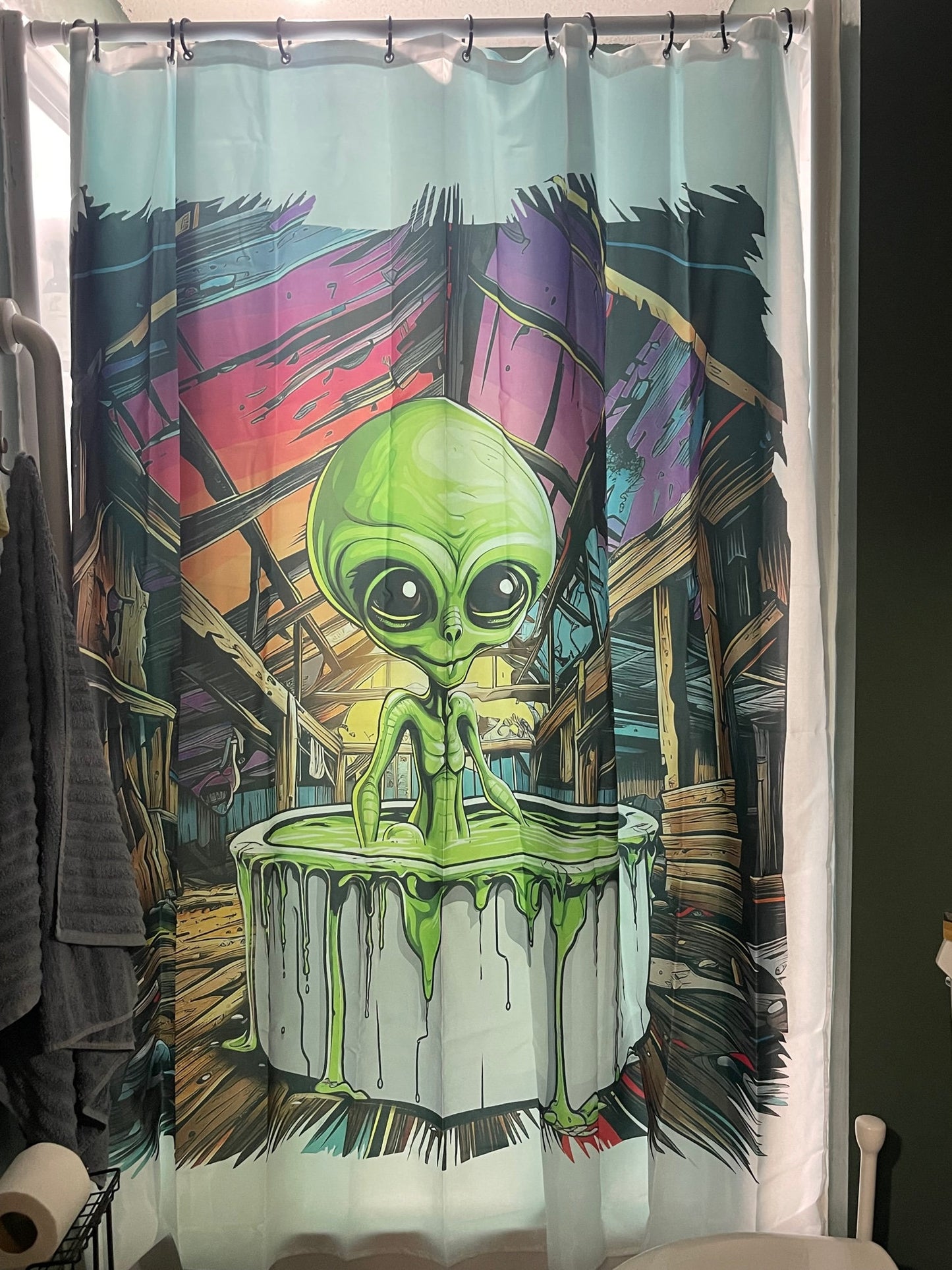 Alien shower curtain - bathing in an old barn