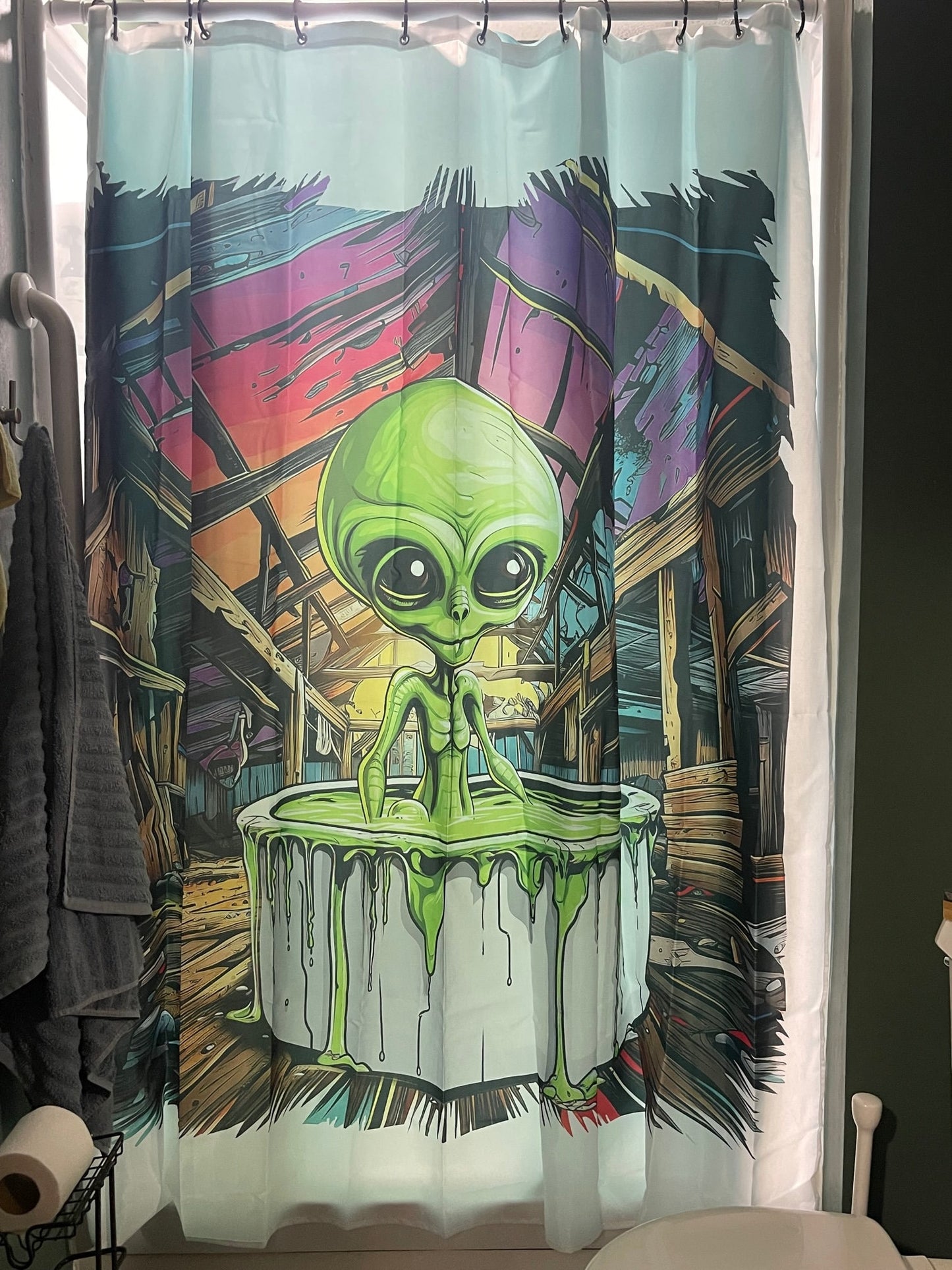 Alien shower curtain - bathing in an old barn