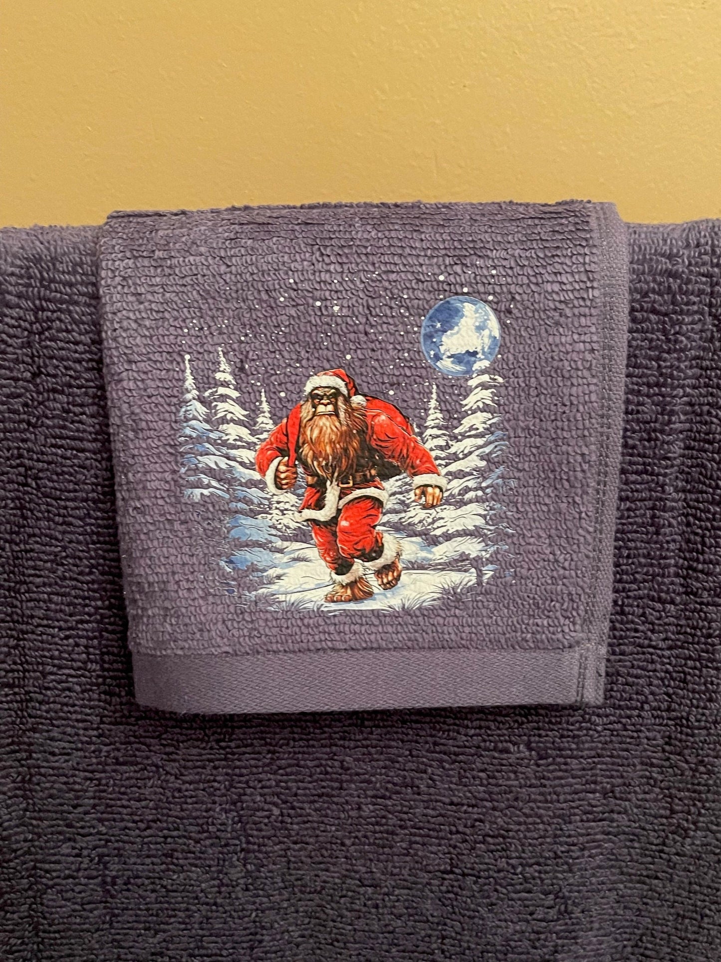 Santa Squatch Bigfoot wash rag, hand towel, bath towel set or individual - bathroom decor