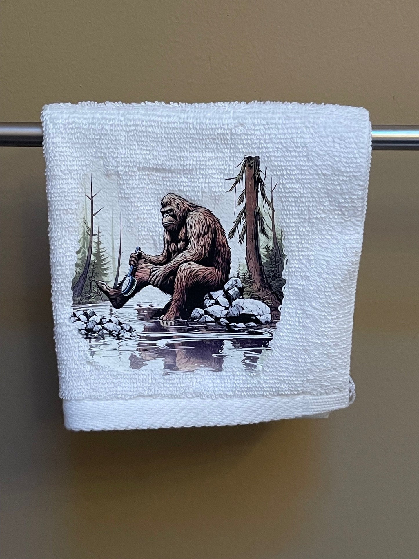 Bathing Bigfoot wash rag, hand towel, bath towel set - bathroom decor - WHITE Stsndard w/expedited shipping