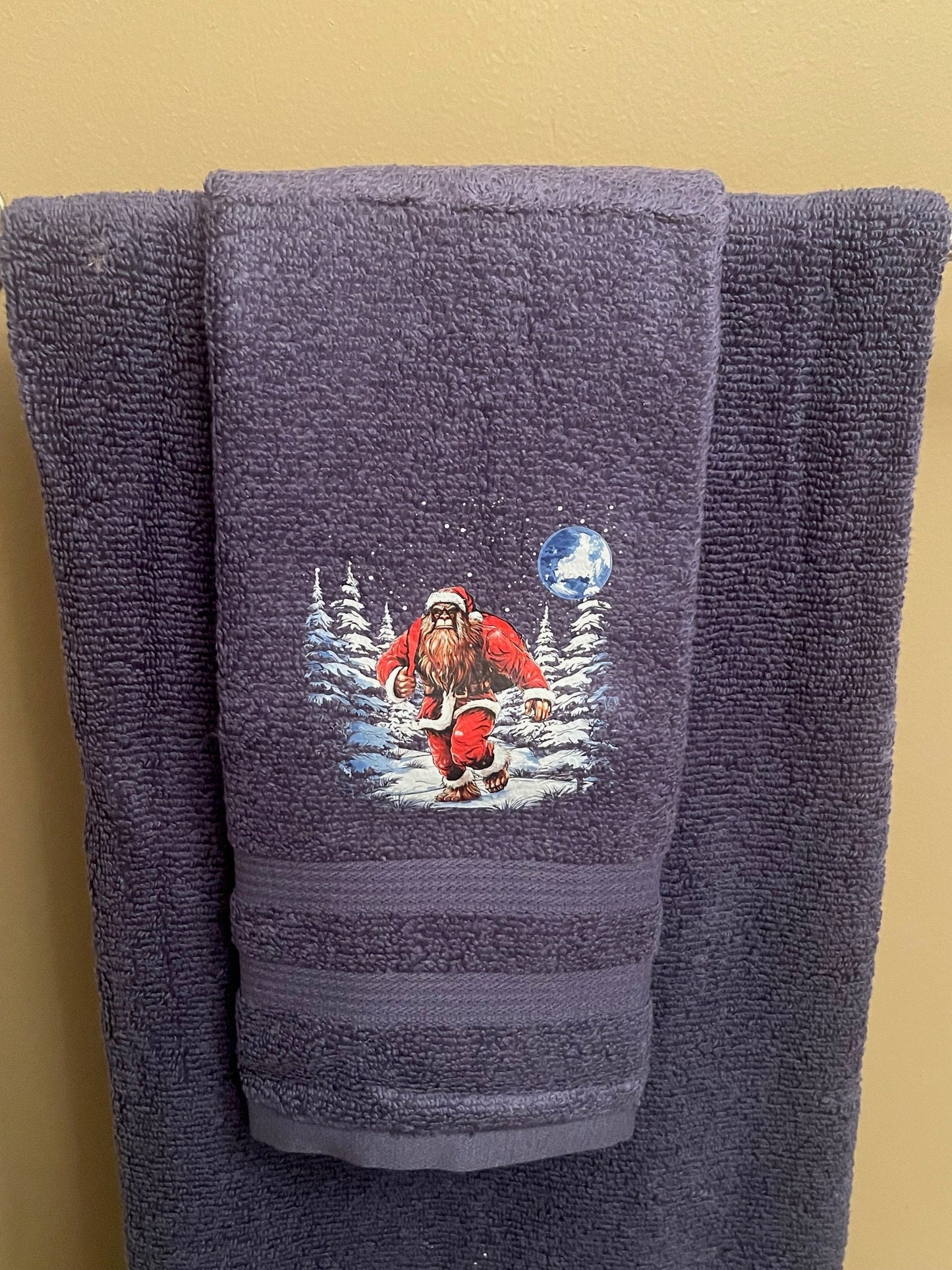 Santa Squatch Bigfoot wash rag, hand towel, bath towel set or individual - bathroom decor
