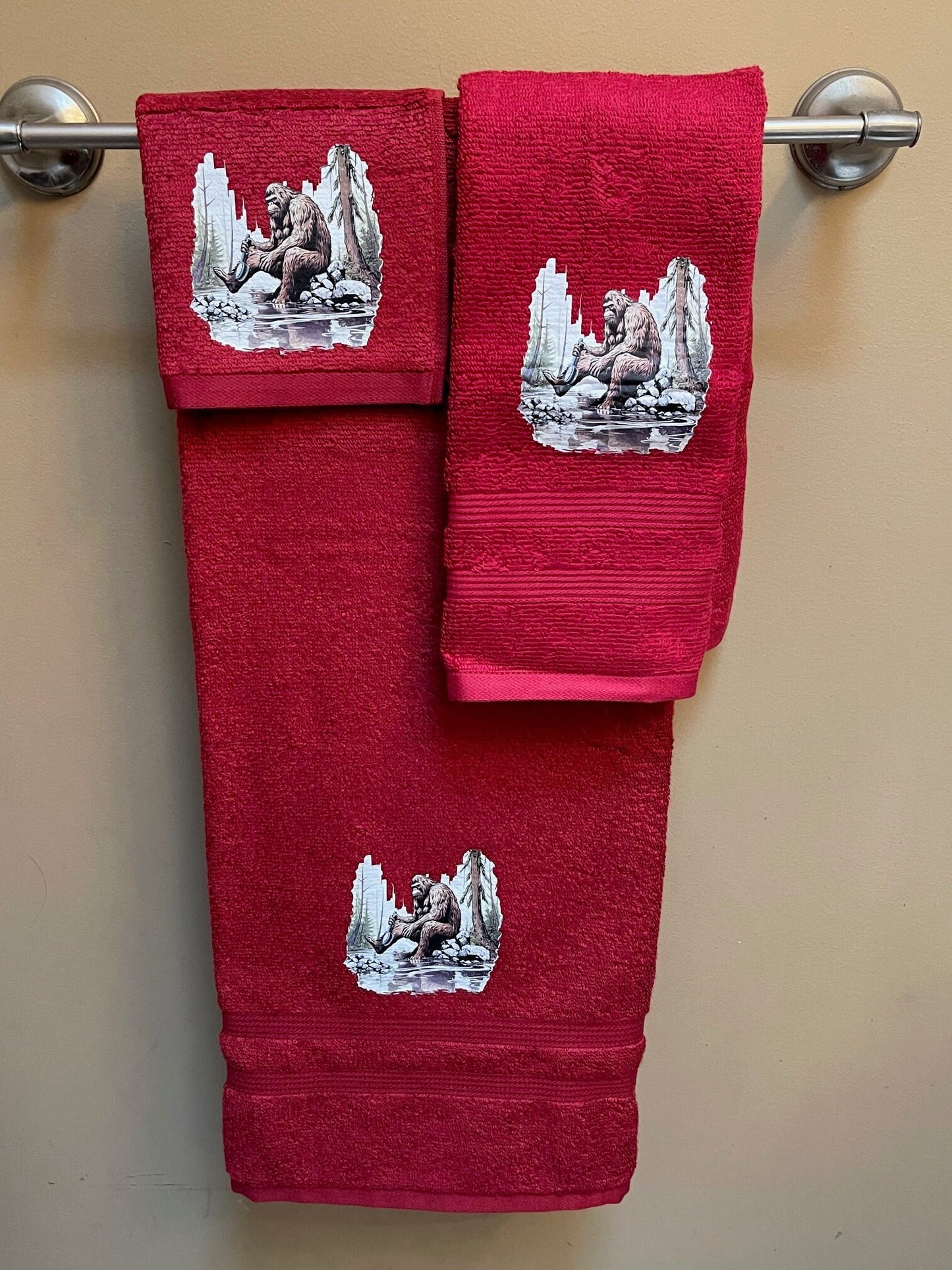 Bigfoot bathing in stream towel set