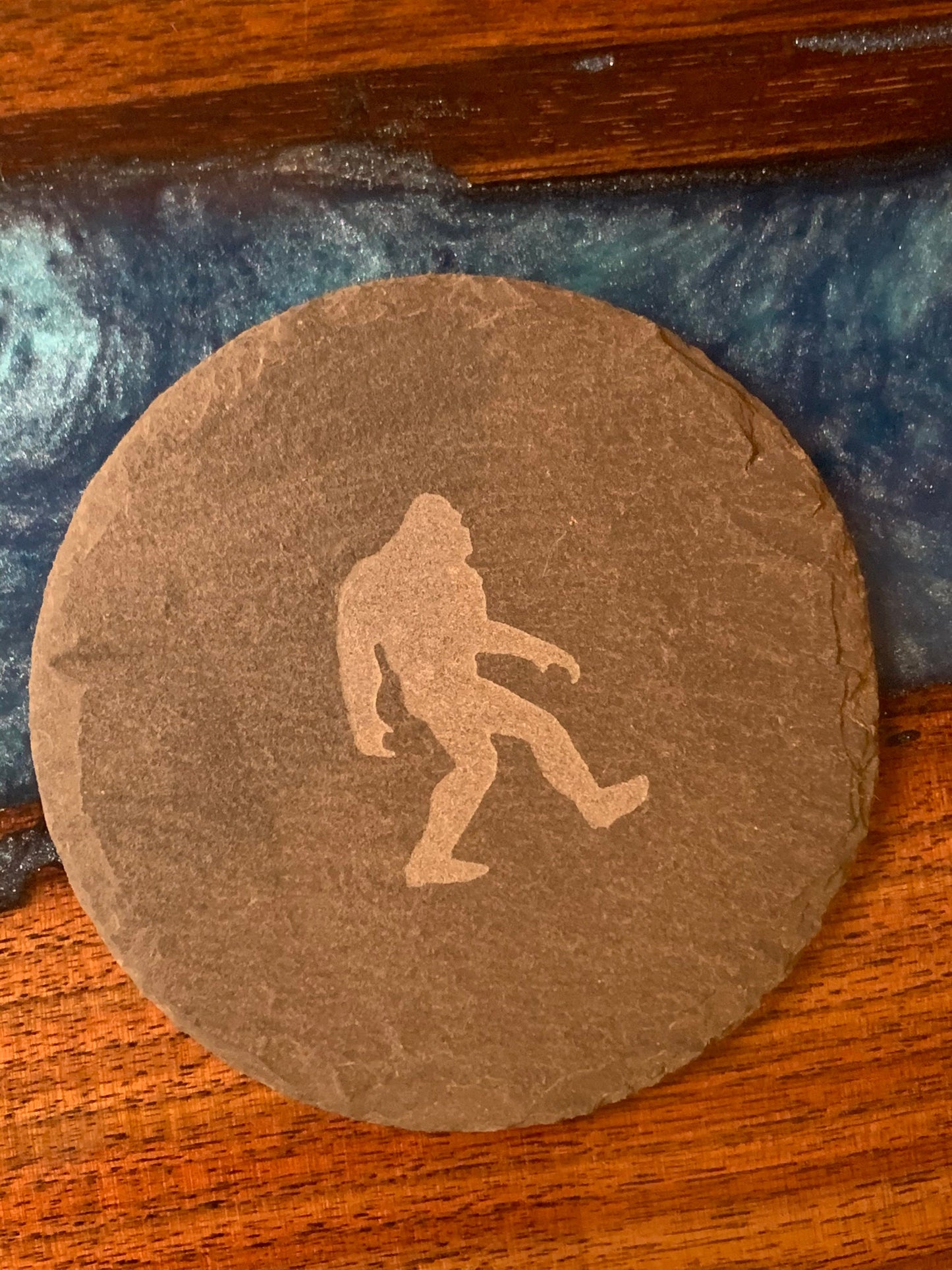 Squatchin' Country slate Bigfoot round drink coasters (set of 4) with rustic pine holder