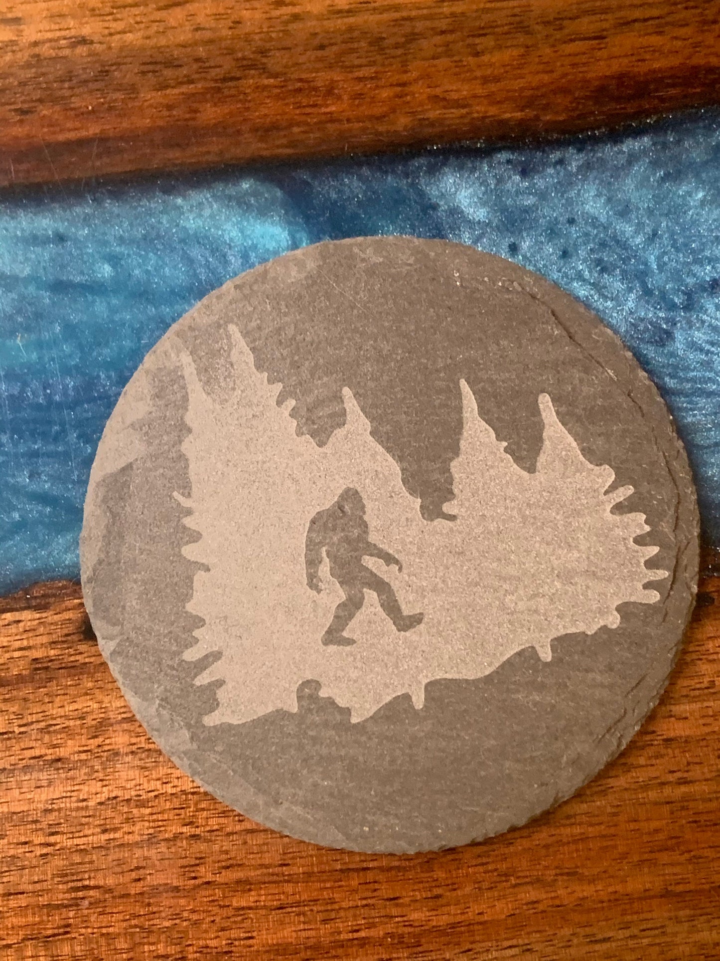 Squatchin' Country slate Bigfoot round drink coasters (set of 4) with rustic pine holder