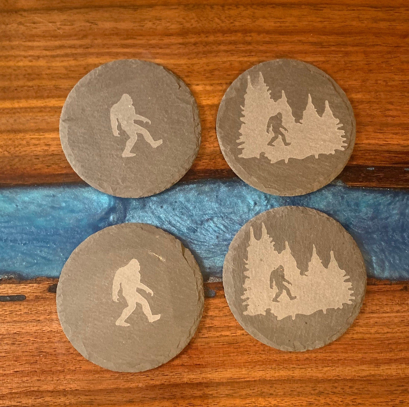 Squatchin' Country slate Bigfoot round drink coasters (set of 4) with rustic pine holder