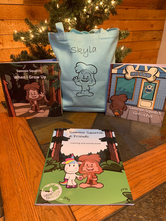 Sammie Squatch children’s book 3 pack gift set with personalized tote bag