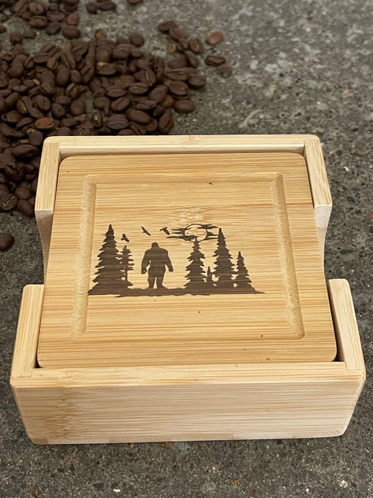 Ecofriendly Bamboo Bigfoot drink coasters and holder
