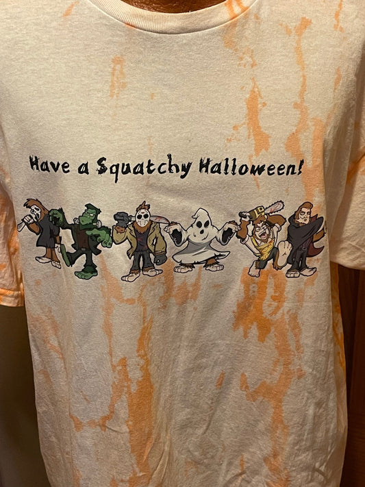 Halloween Bigfoot Squatches on orange tie dyed T-shirt