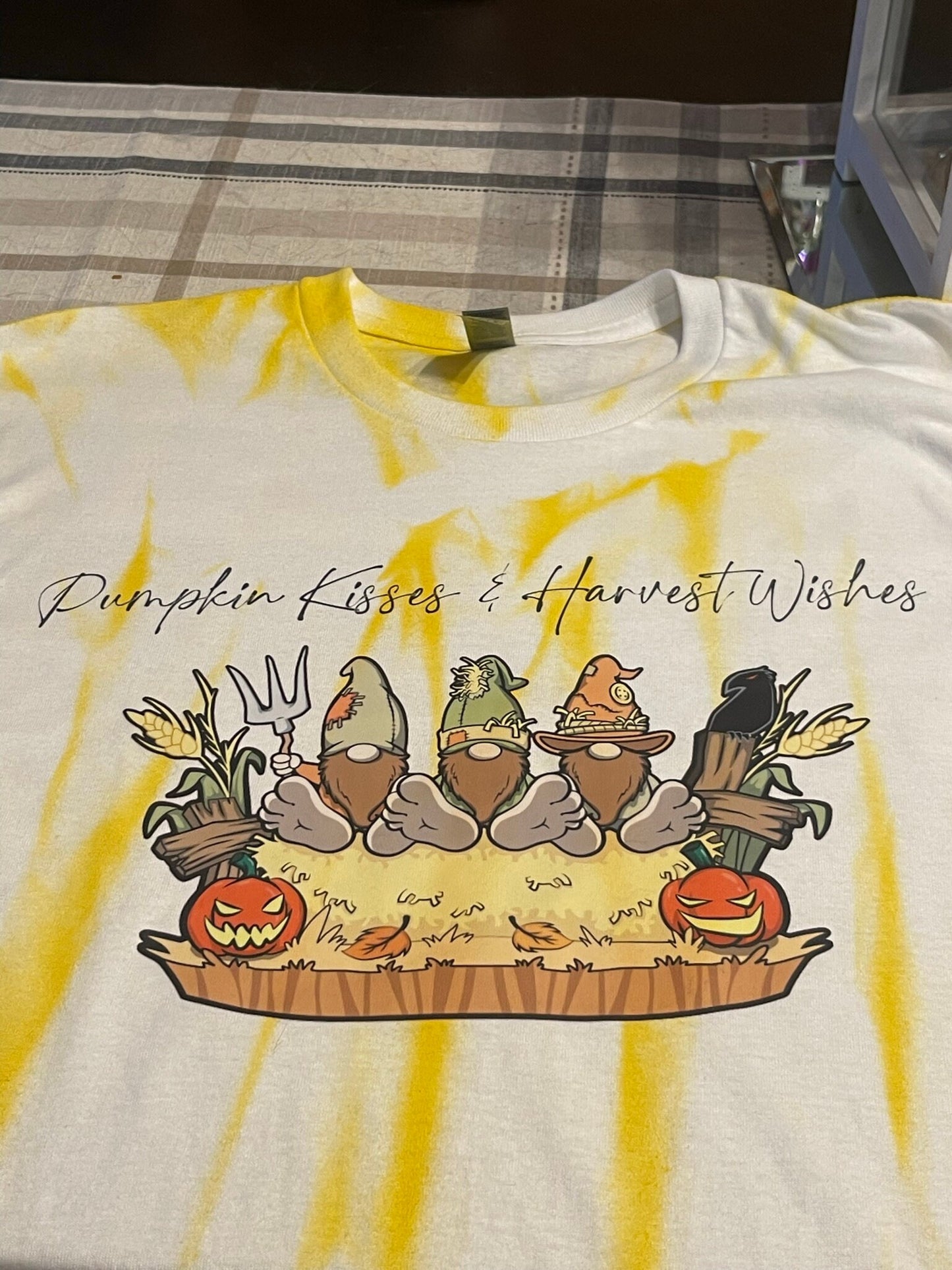 Bigfoot Gnomes Fall Halloween yellow tie dye T-shirt Pumpkin Kisses & Harvest Wishes