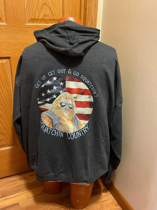 Squatchin' Country  Biker Bigfoot and American flag hoodie (grey)