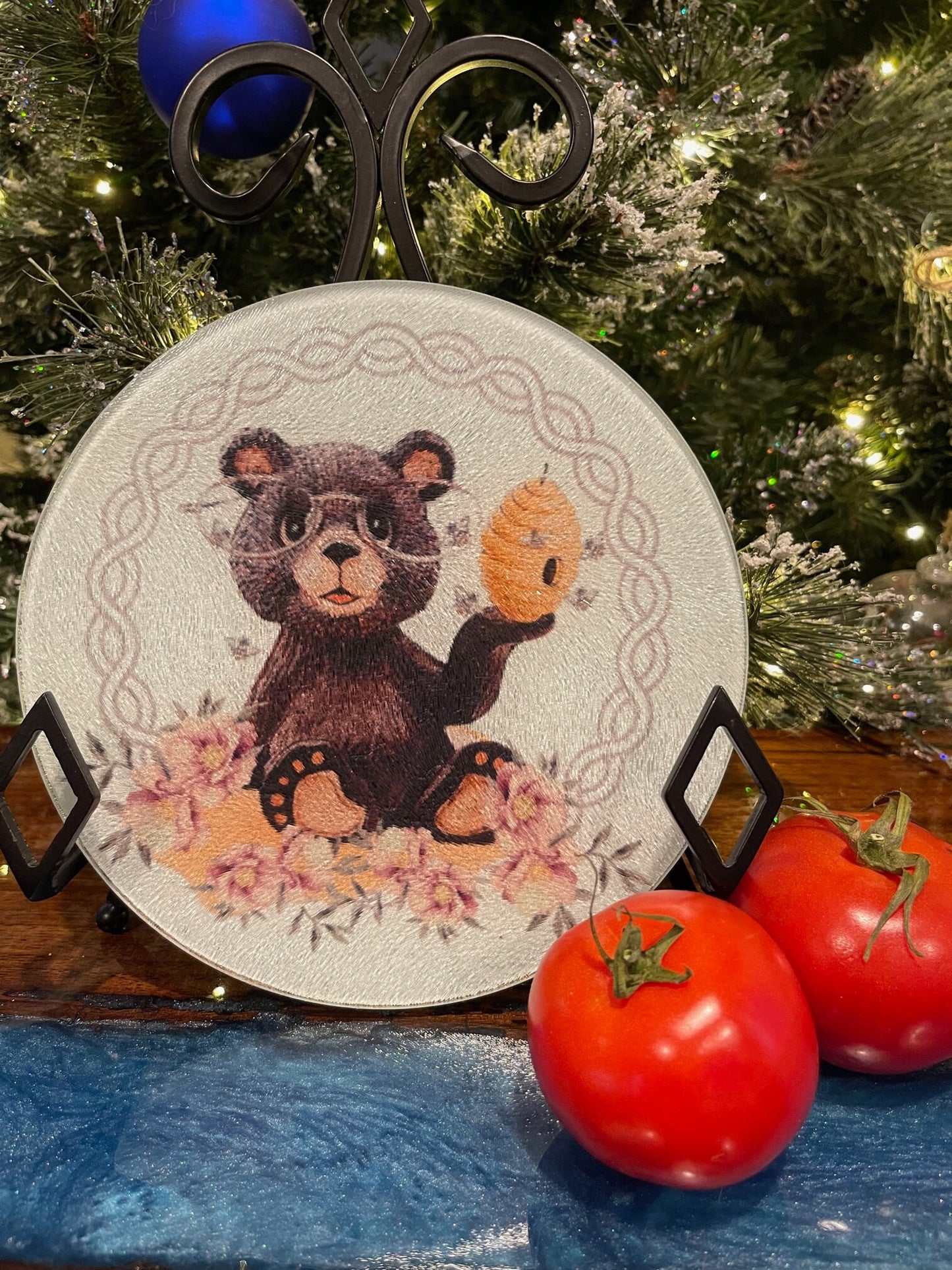 Bear & honey bees glass cutting board Square - designer | autumn | fall | decor | bee hive