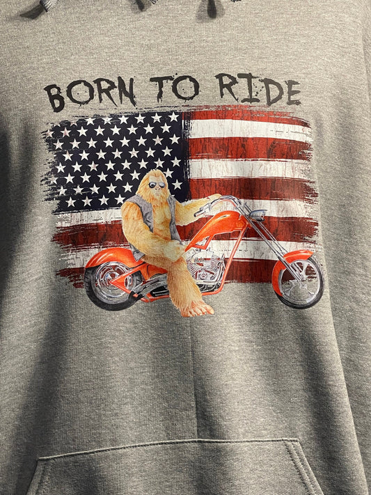 Squatchin' Country  Born to Ride Motorcycle Bigfoot and American flag hoodie (grey)