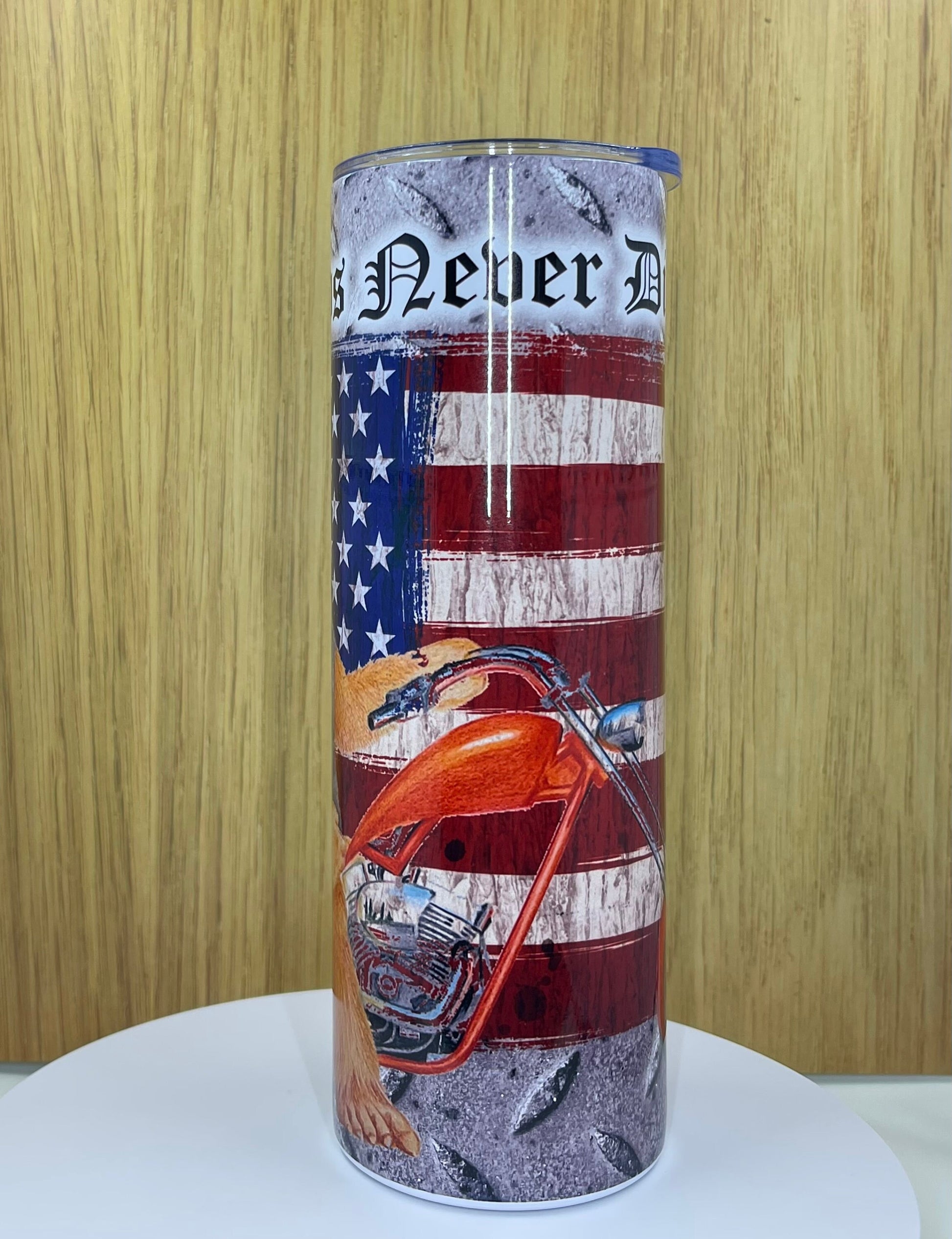 Legends Never Die - Bigfoot USA Flag Motorcycle 20 oz tumbler