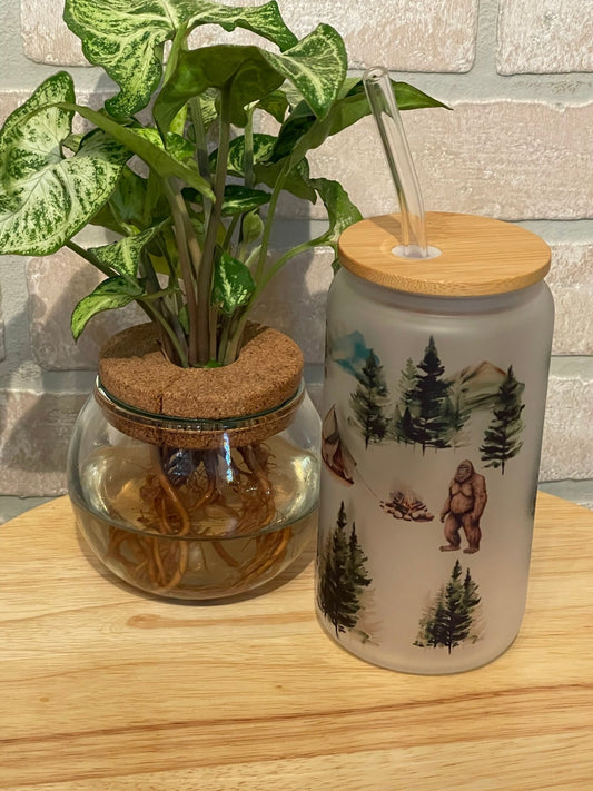 Bigfoot camping scene 16 ounce soda can glass with bamboo top and glass straw