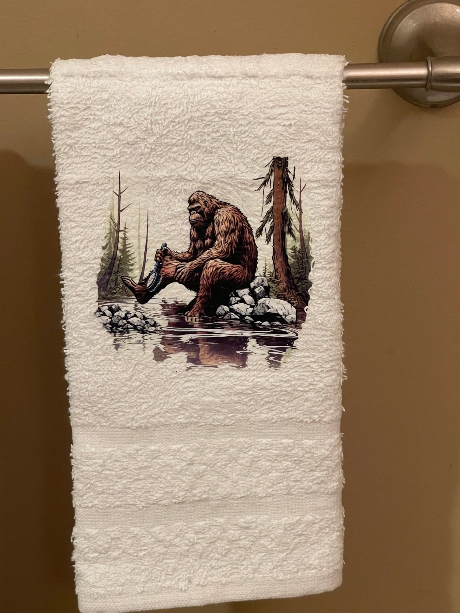 Bathing Bigfoot and rubber ducky wash rag, hand towel, bath towel