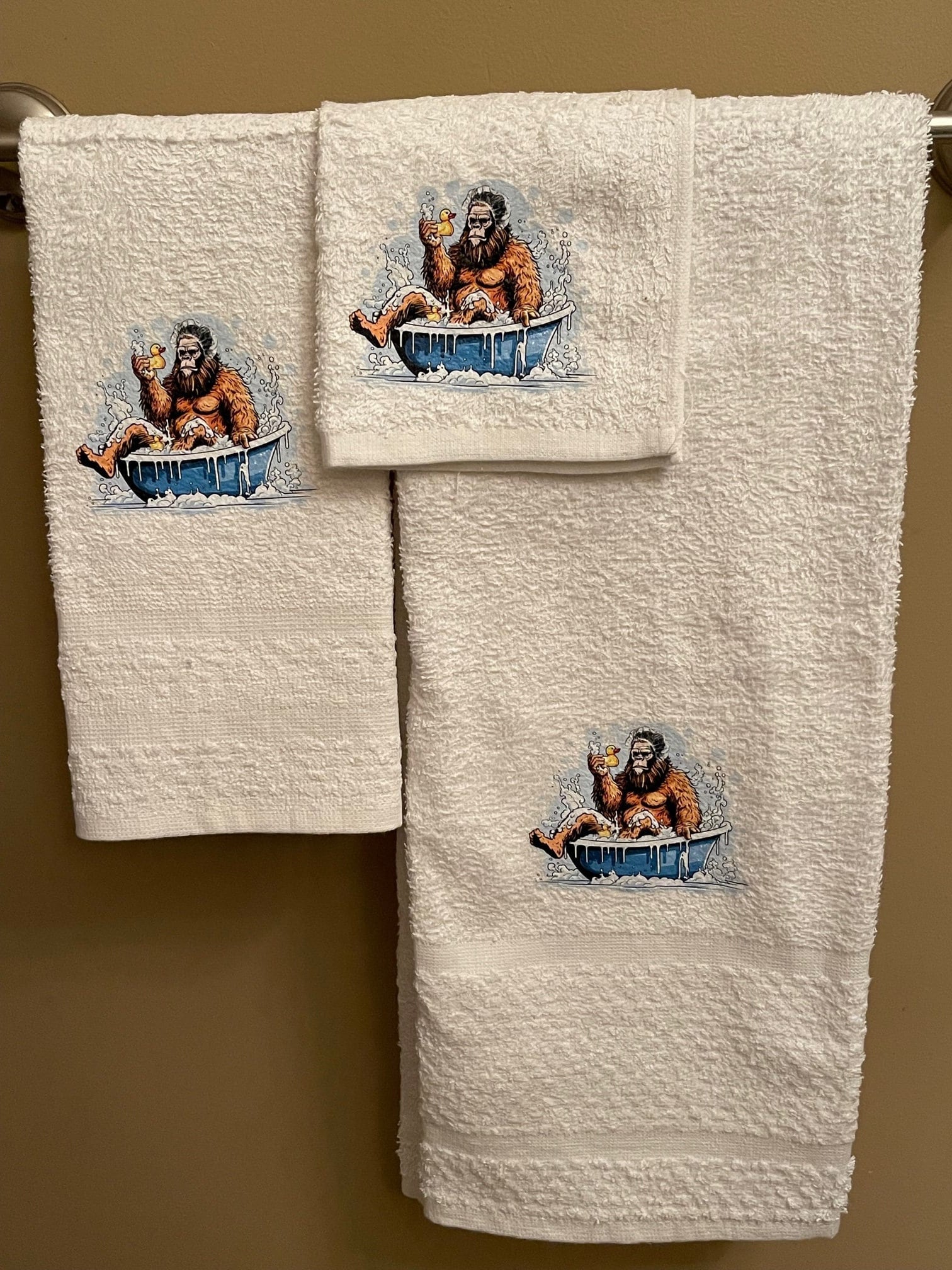 Bathing Bigfoot and rubber ducky wash rag, hand towel, bath towel set or individual - bathroom decor