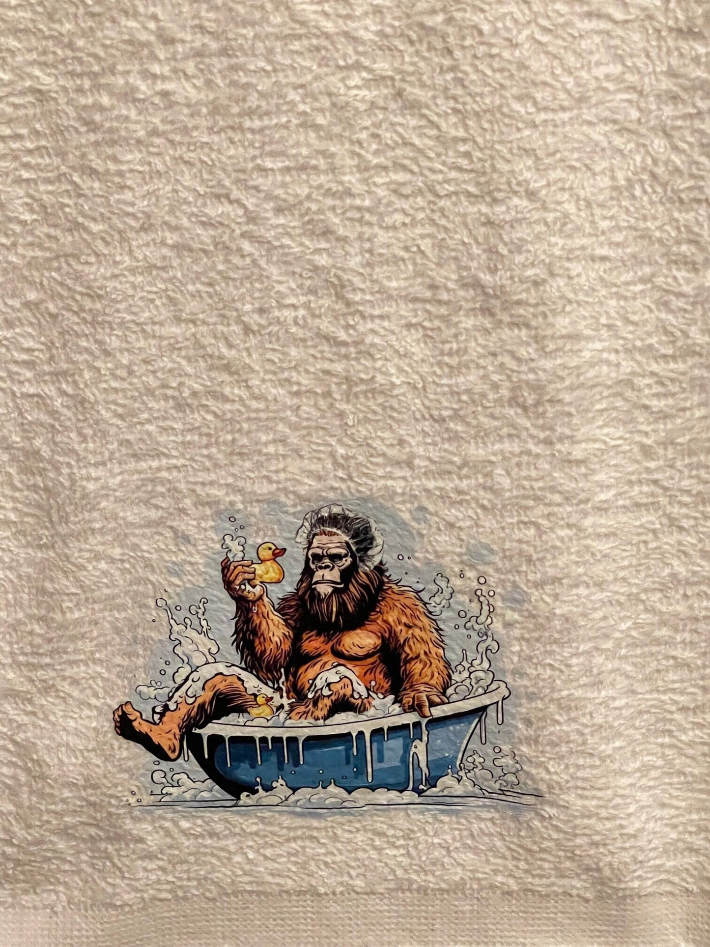 Bathing Bigfoot and rubber ducky wash rag, hand towel, bath towel set or individual - bathroom decor