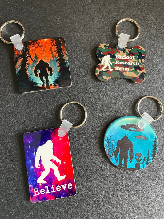 Bigfoot keychains - Alien, Believe, orange swamp, dog tag - choose your design