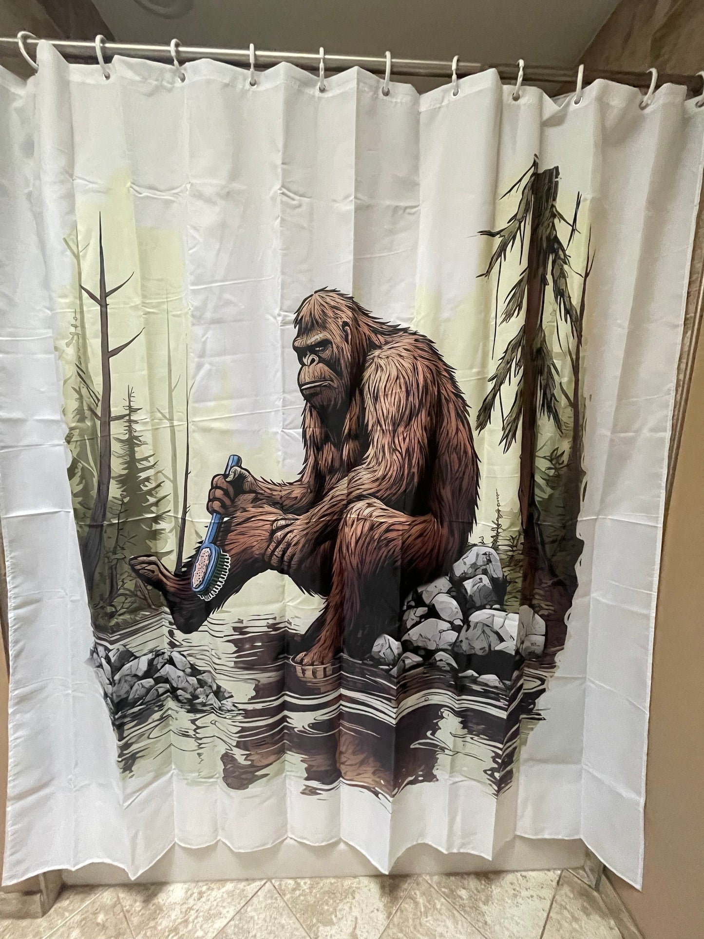 Bigfoot shower curtain - Sasquatch bathing in stream