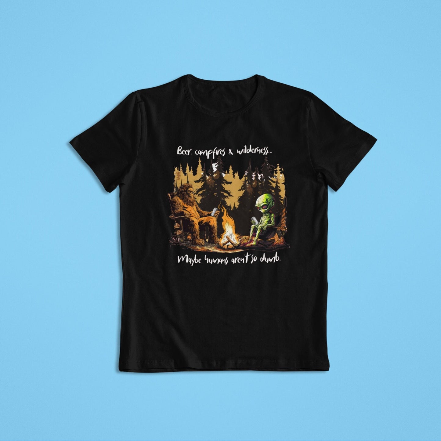 Bigfoot & alien campfire t-shirt - maybe humans aren't so dumb (black)