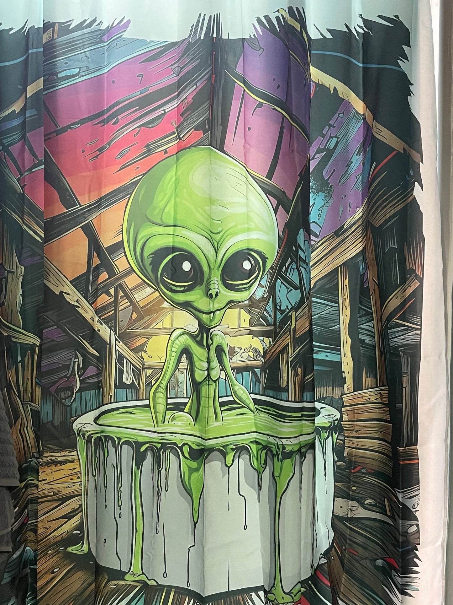Alien shower curtain - bathing in an old barn