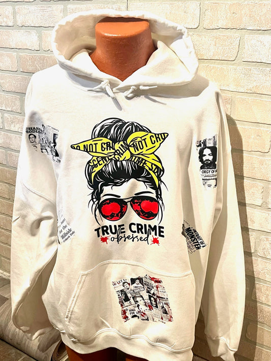 True Crime Obsessed hoodie (white) messy bun serial killer news clipping design