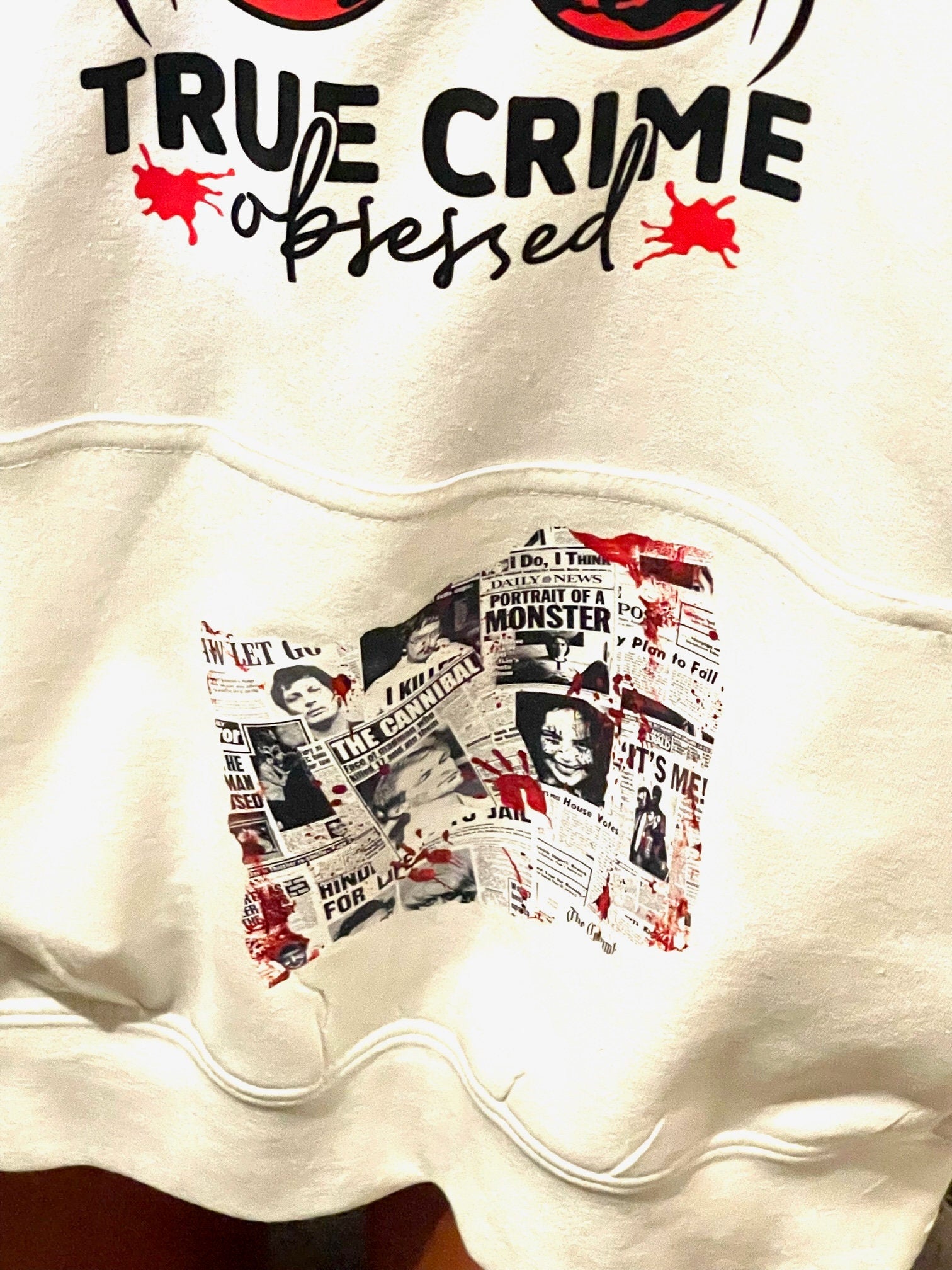 True Crime Obsessed hoodie (white) messy bun serial killer news clipping design